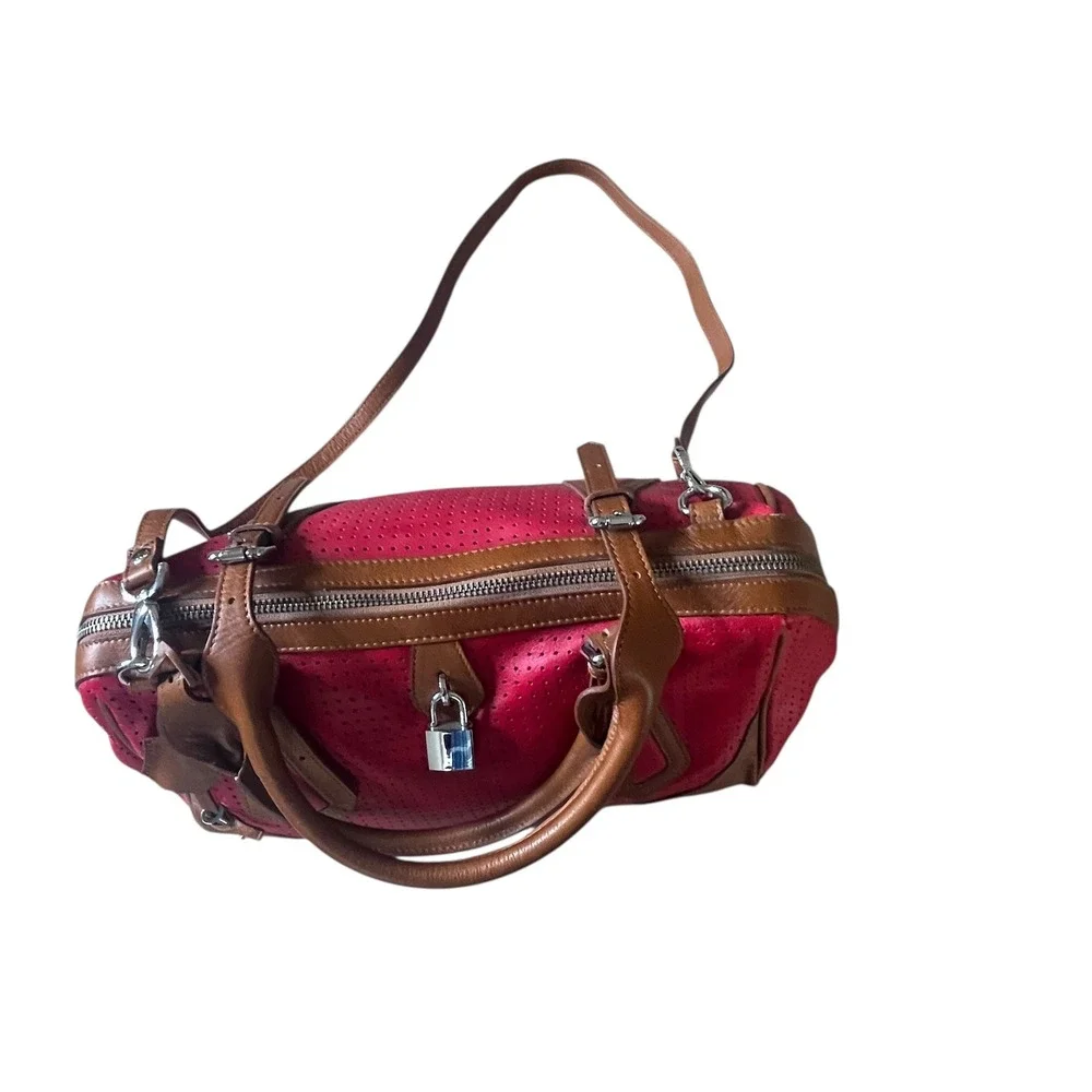 Sundance Red Perforated Leather Satchel Handbag Purse Shoulder Strap Lock Italy‎